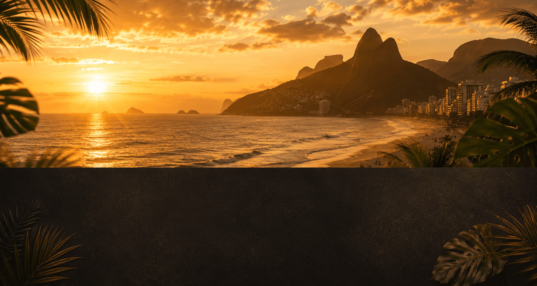 Pôr do sol cinematográfico panorâmico no Rio de Janeiro Santo Jack - Ipanema e Morro Dois Irmãos em Golden Hour